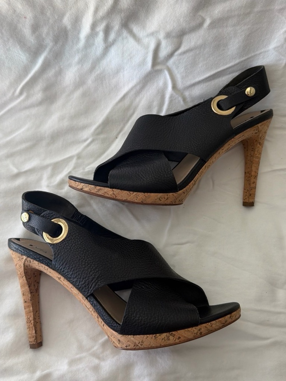 Via Spiga Black Leather Crisscross Slingback Wedge heals